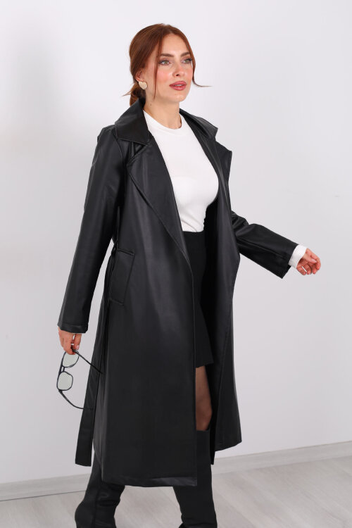 Kemerli Cep Detaylı Siyah Kadın Deri Trençkot - 3