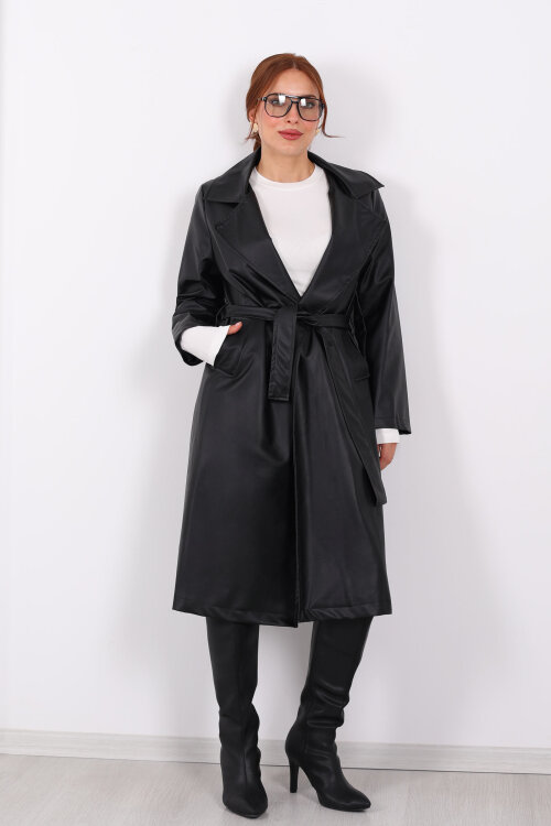 Kemerli Cep Detaylı Siyah Kadın Deri Trençkot - 5