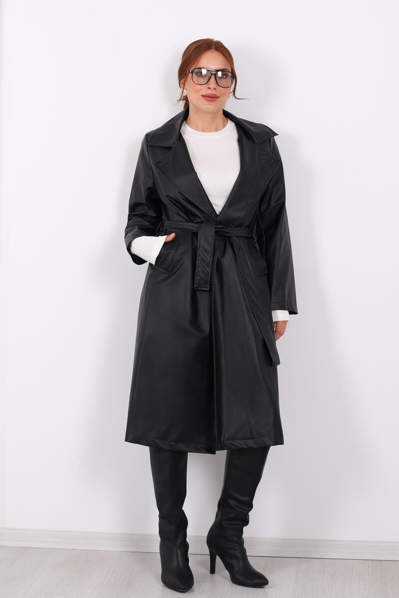 Kemerli Cep Detaylı Siyah Kadın Deri Trençkot - 5