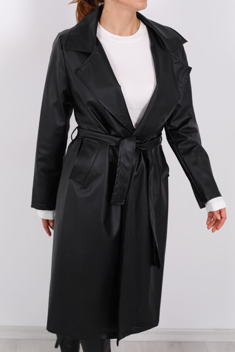 Kemerli Cep Detaylı Siyah Kadın Deri Trençkot - 2