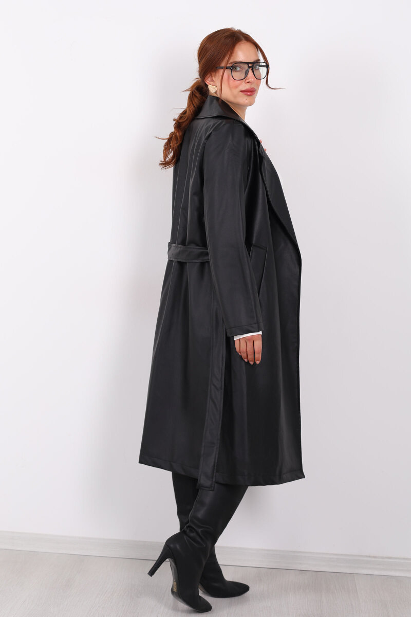 Kemerli Cep Detaylı Siyah Kadın Deri Trençkot - 6