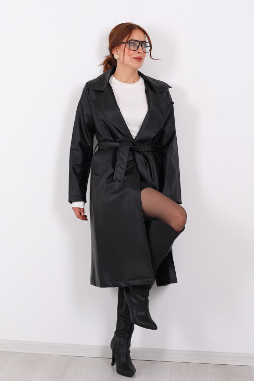 Kemerli Cep Detaylı Siyah Kadın Deri Trençkot - Berox