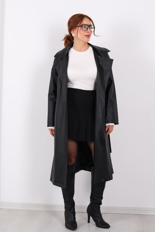 Kemerli Cep Detaylı Siyah Kadın Deri Trençkot - 8