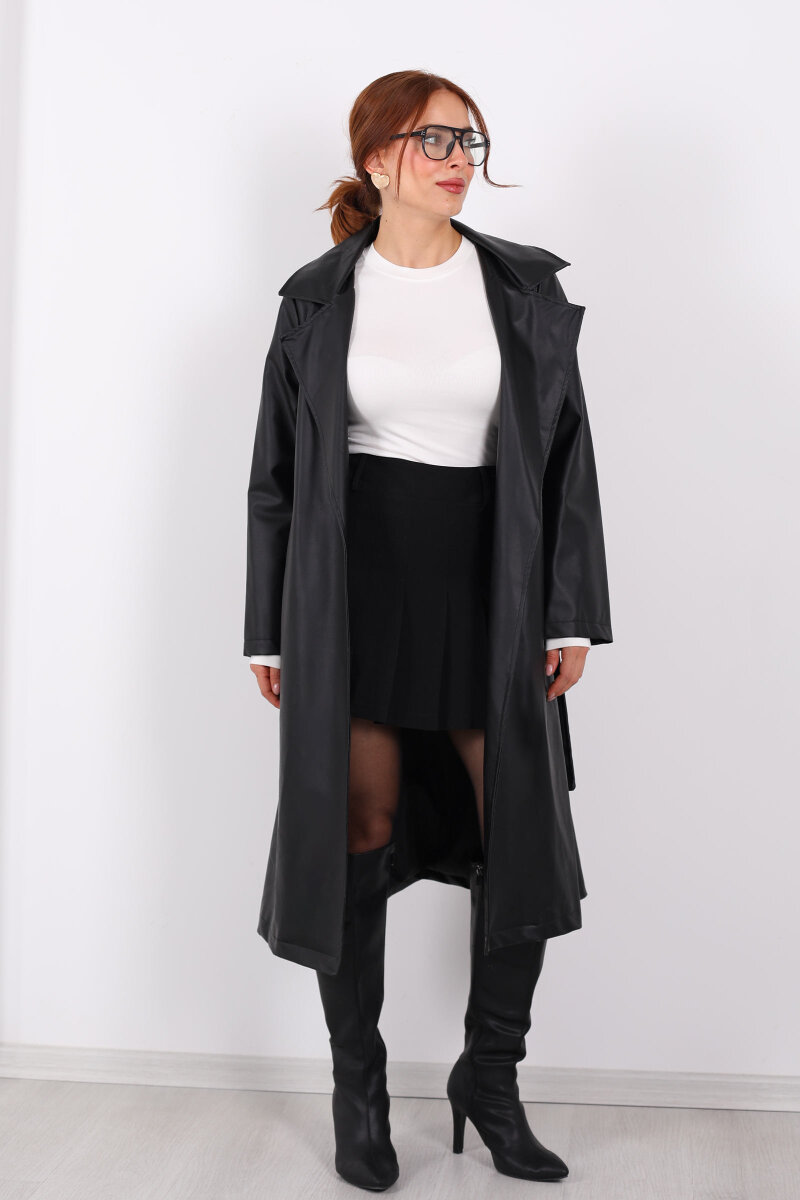 Kemerli Cep Detaylı Siyah Kadın Deri Trençkot - 8