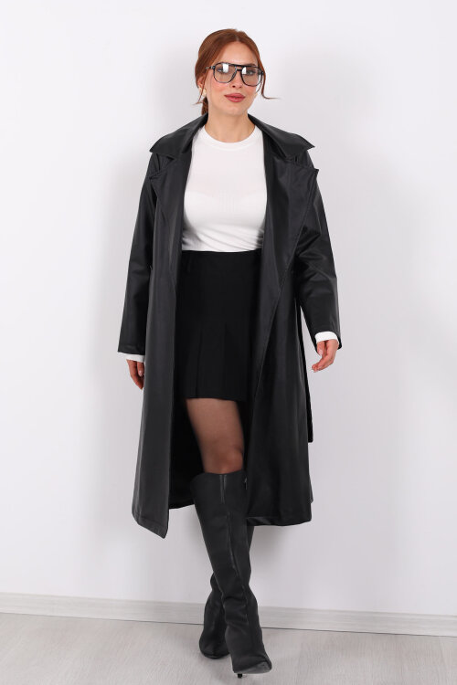 Kemerli Cep Detaylı Siyah Kadın Deri Trençkot - 4