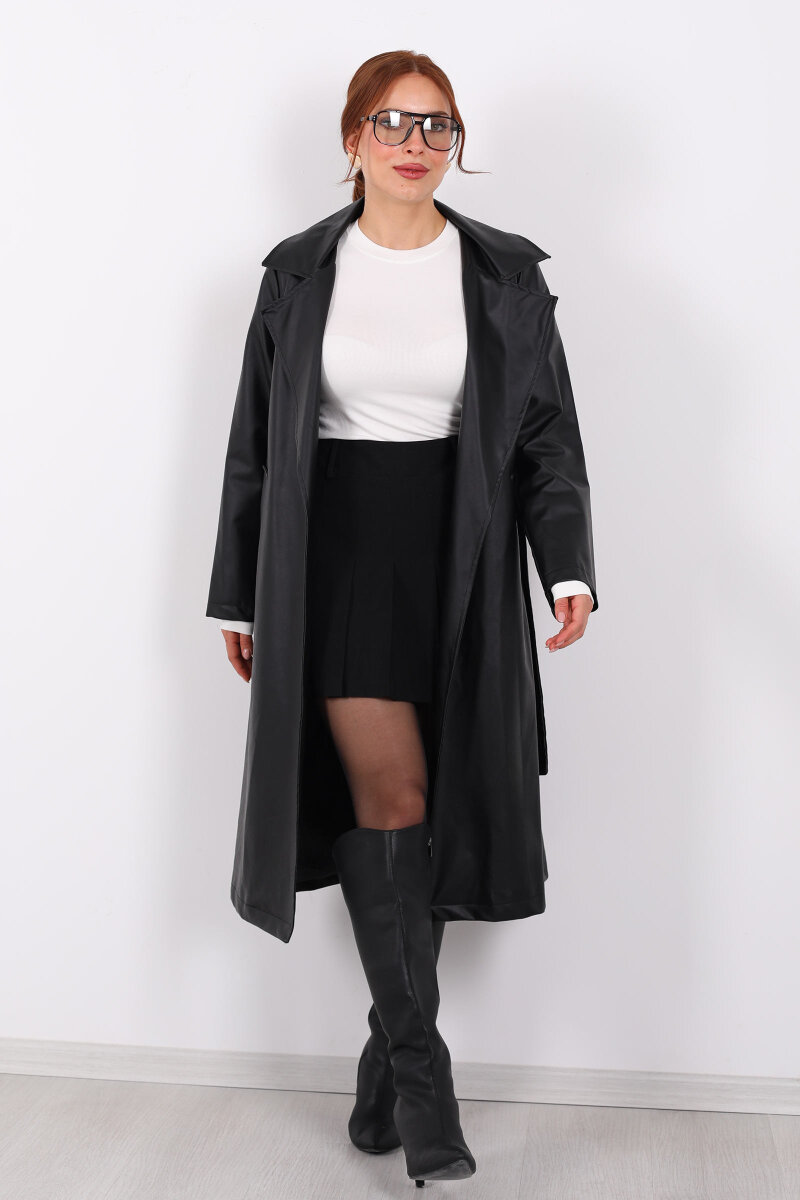 Kemerli Cep Detaylı Siyah Kadın Deri Trençkot - 4