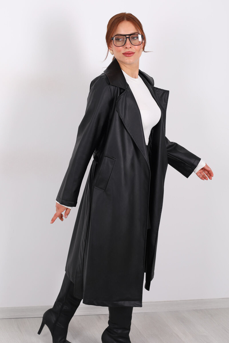 Kemerli Cep Detaylı Siyah Kadın Deri Trençkot - 7