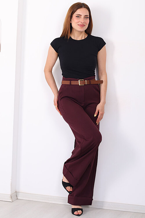 Kemerli Cepli Kadın Mürdüm Duble Paça Pantolon - 3