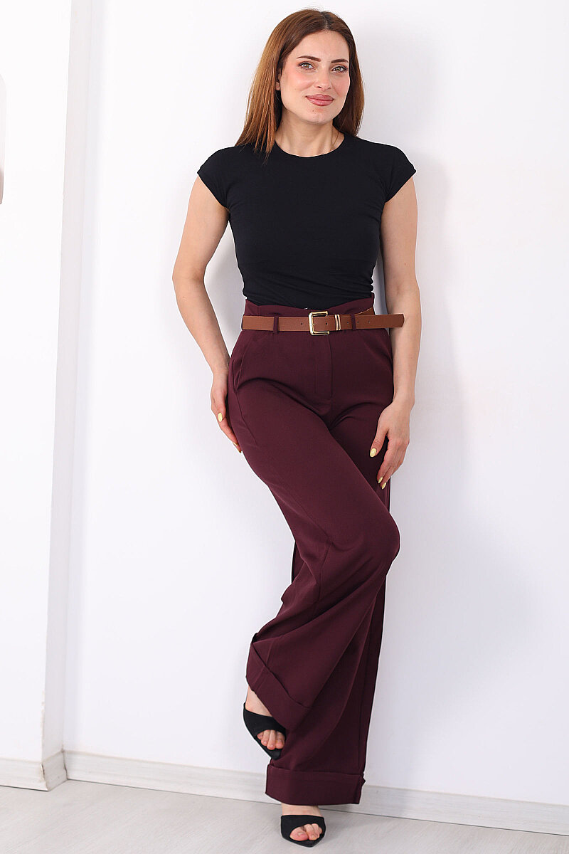 Kemerli Cepli Kadın Mürdüm Duble Paça Pantolon - 3