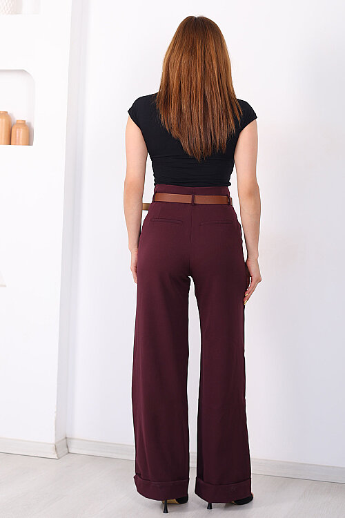 Kemerli Cepli Kadın Mürdüm Duble Paça Pantolon - 5