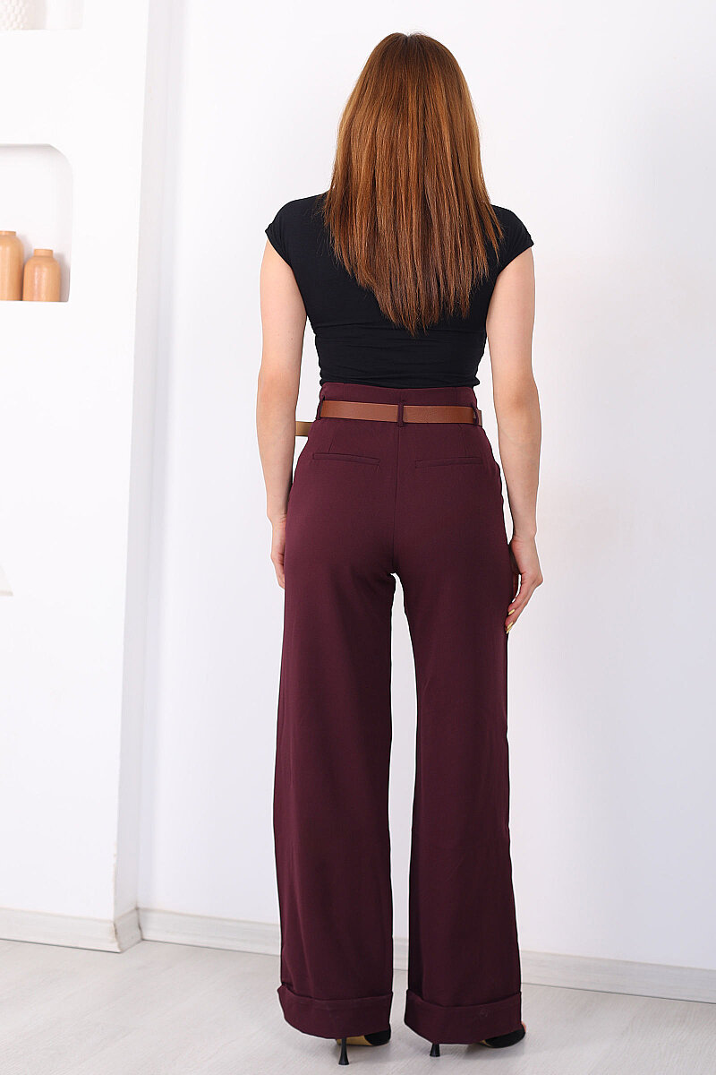 Kemerli Cepli Kadın Mürdüm Duble Paça Pantolon - 5
