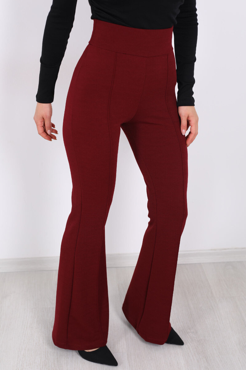 Kemerli Çimalı İspanyol Paça Bordo Kadın Krep Pantolon - 2