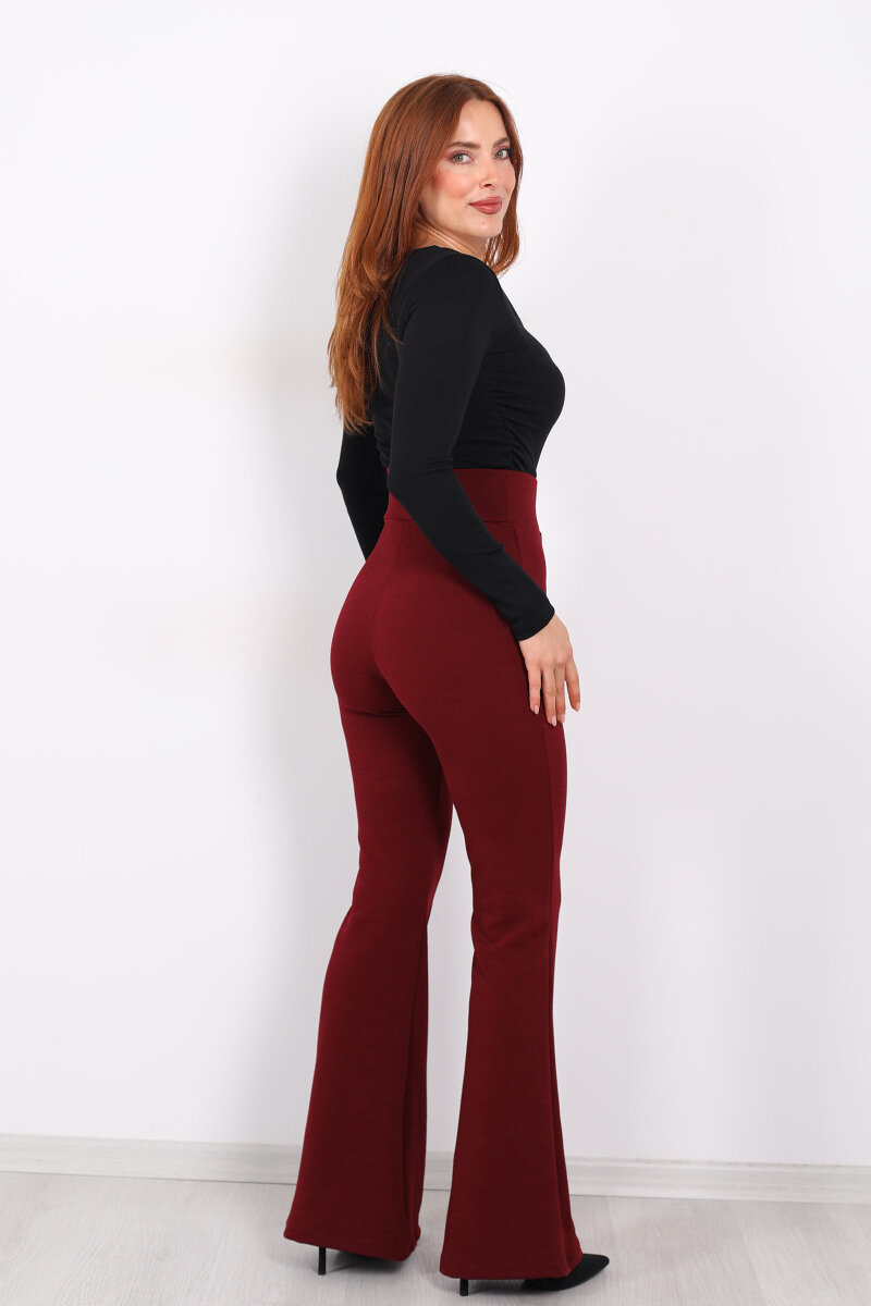 Kemerli Çimalı İspanyol Paça Bordo Kadın Krep Pantolon - 5