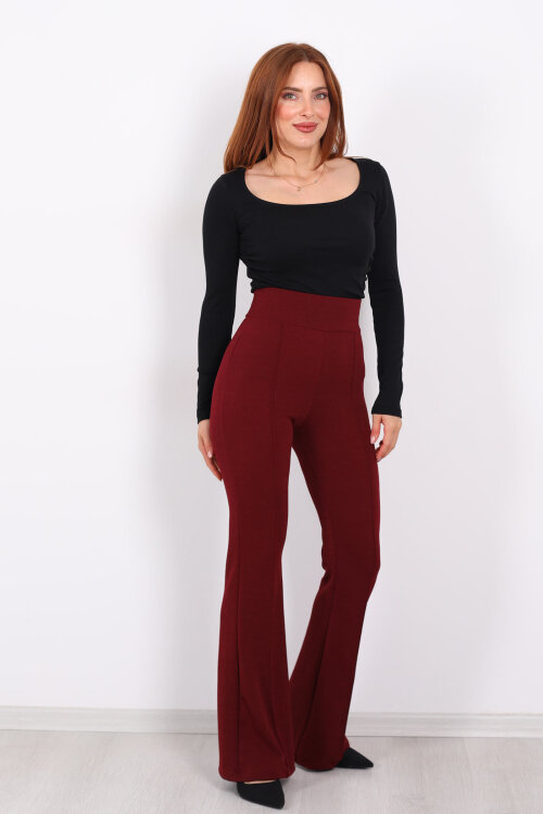 Kemerli Çimalı İspanyol Paça Bordo Kadın Krep Pantolon - 6