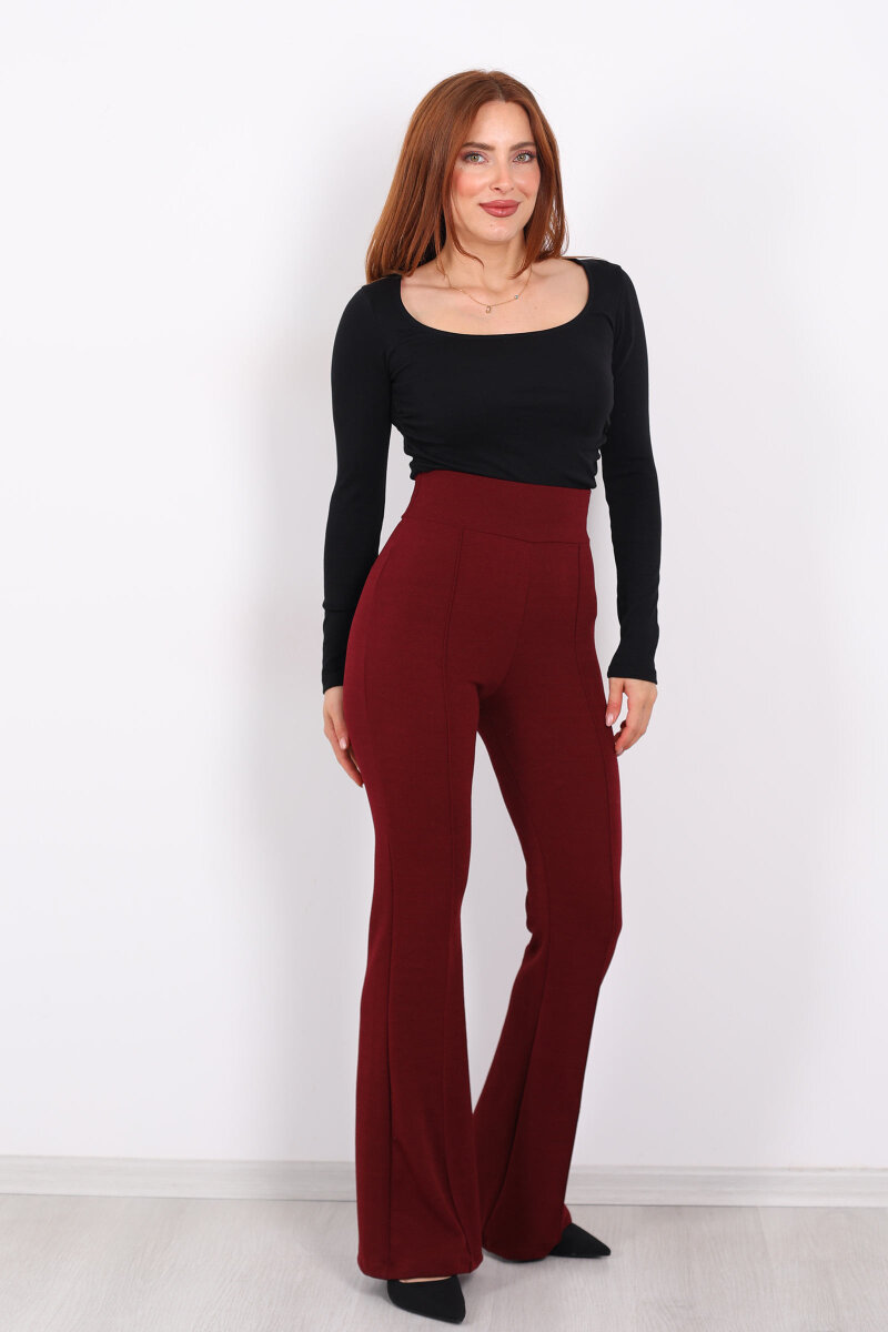 Kemerli Çimalı İspanyol Paça Bordo Kadın Krep Pantolon - 6