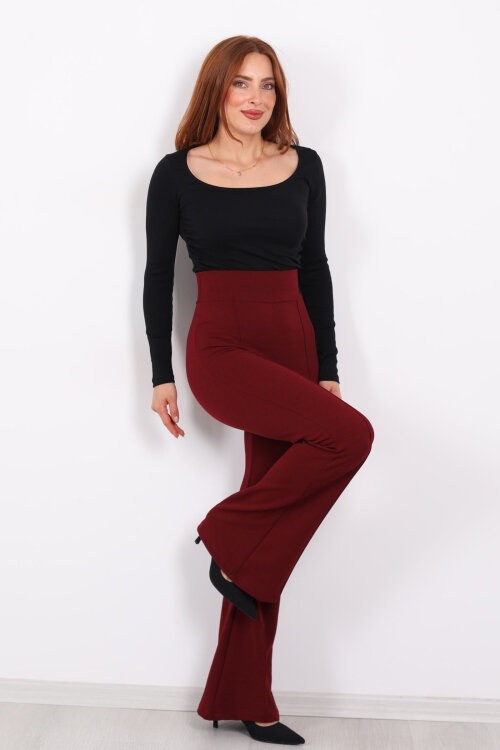 Kemerli Çimalı İspanyol Paça Bordo Kadın Krep Pantolon - 3