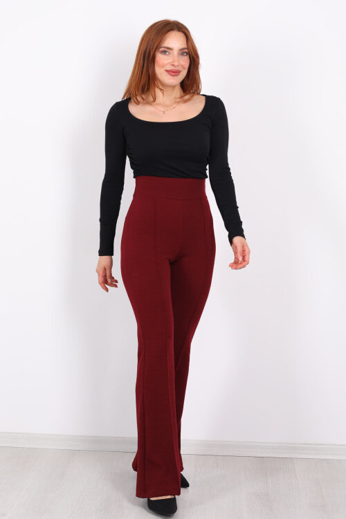 Kemerli Çimalı İspanyol Paça Bordo Kadın Krep Pantolon - 4