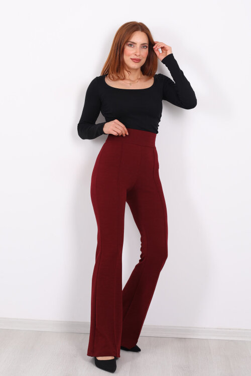 Kemerli Çimalı İspanyol Paça Bordo Kadın Krep Pantolon - Berox