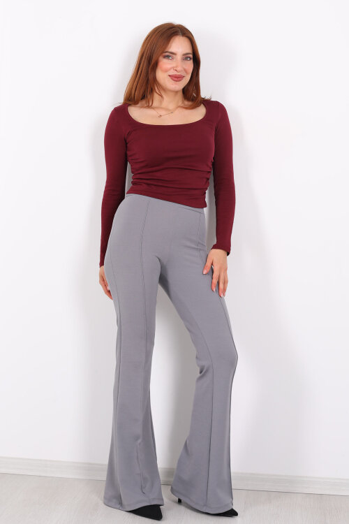 Kemerli Çimalı İspanyol Paça Gri Kadın Krep Pantolon - Berox