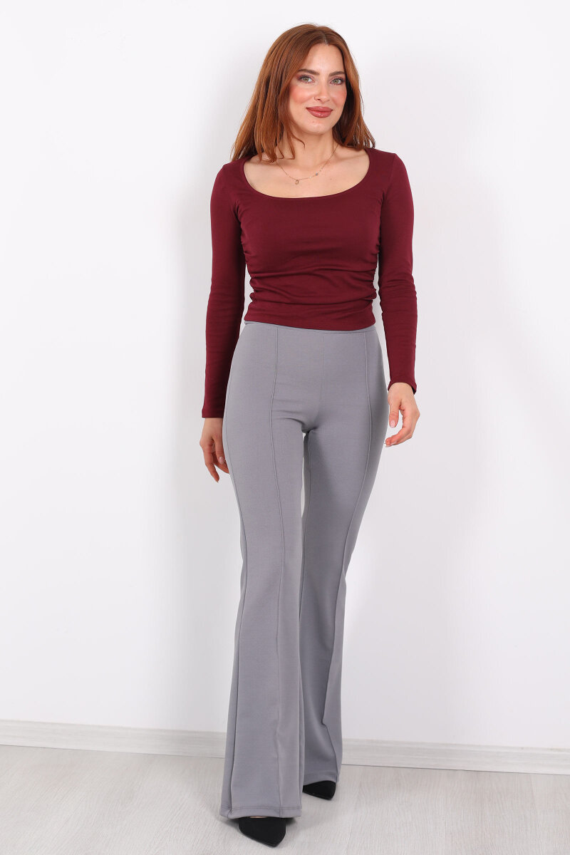Kemerli Çimalı İspanyol Paça Gri Kadın Krep Pantolon - 3