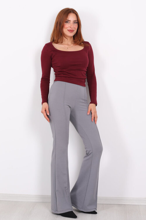 Kemerli Çimalı İspanyol Paça Gri Kadın Krep Pantolon - 5