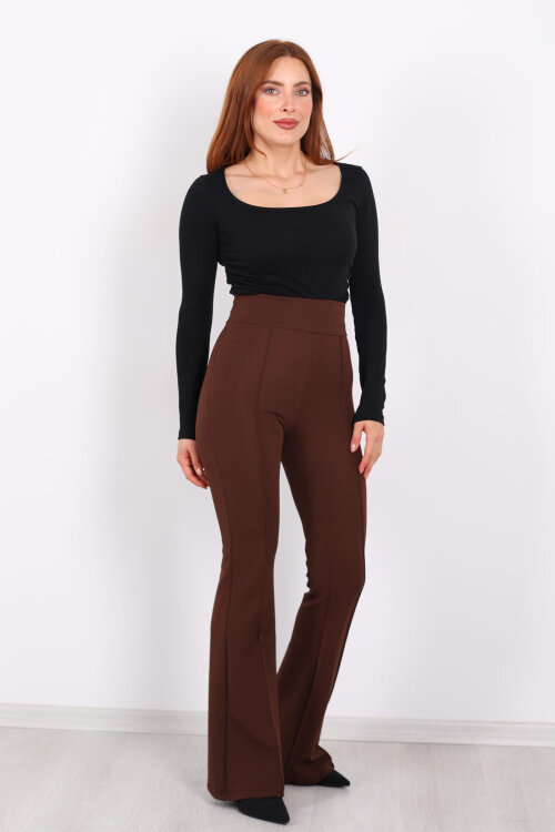 Kemerli Çimalı İspanyol Paça Kahverengi Kadın Krep Pantolon - 5