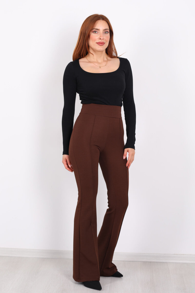 Kemerli Çimalı İspanyol Paça Kahverengi Kadın Krep Pantolon - 5