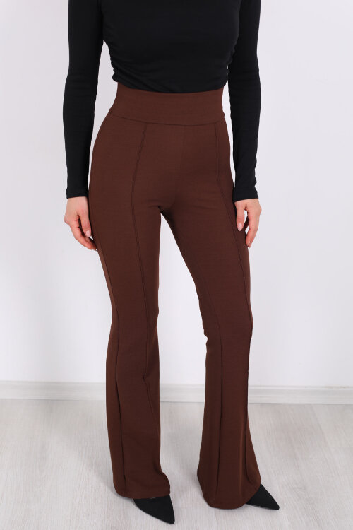 Kemerli Çimalı İspanyol Paça Kahverengi Kadın Krep Pantolon - Berox (1)