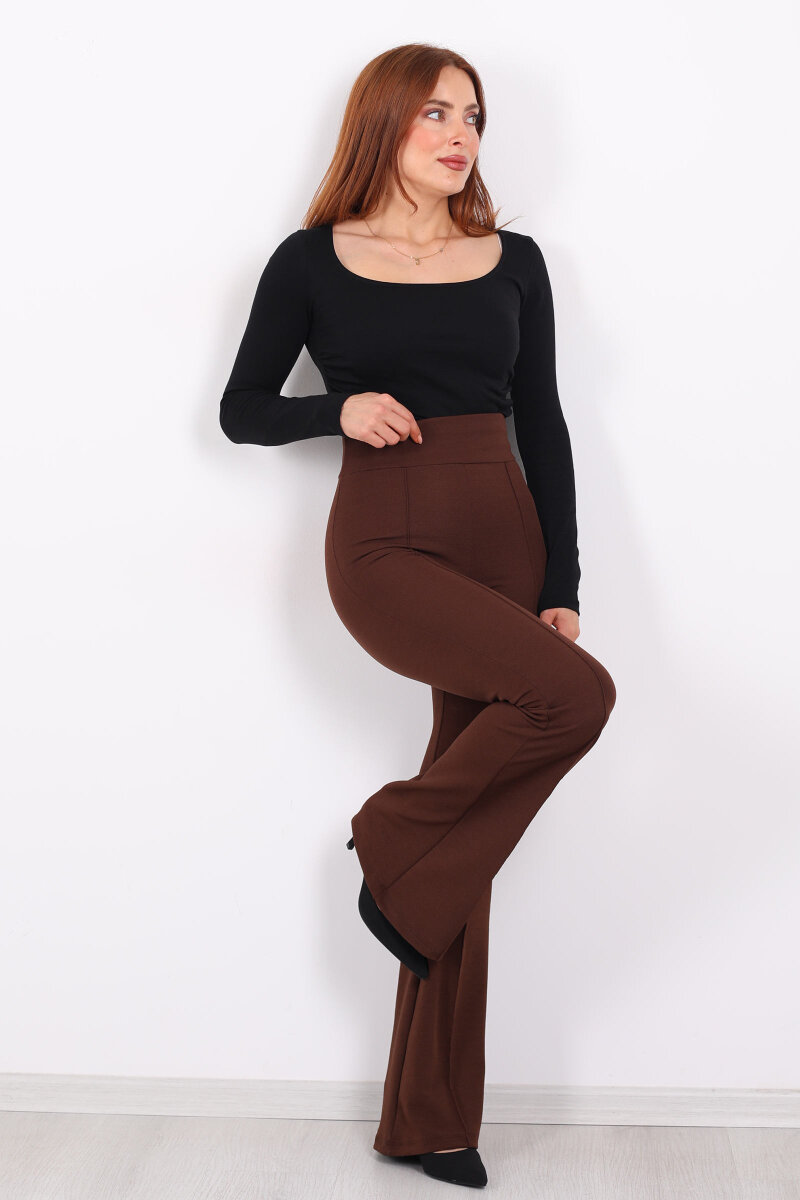 Kemerli Çimalı İspanyol Paça Kahverengi Kadın Krep Pantolon - 3