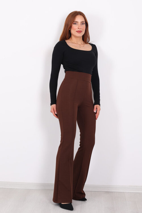 Kemerli Çimalı İspanyol Paça Kahverengi Kadın Krep Pantolon - Berox