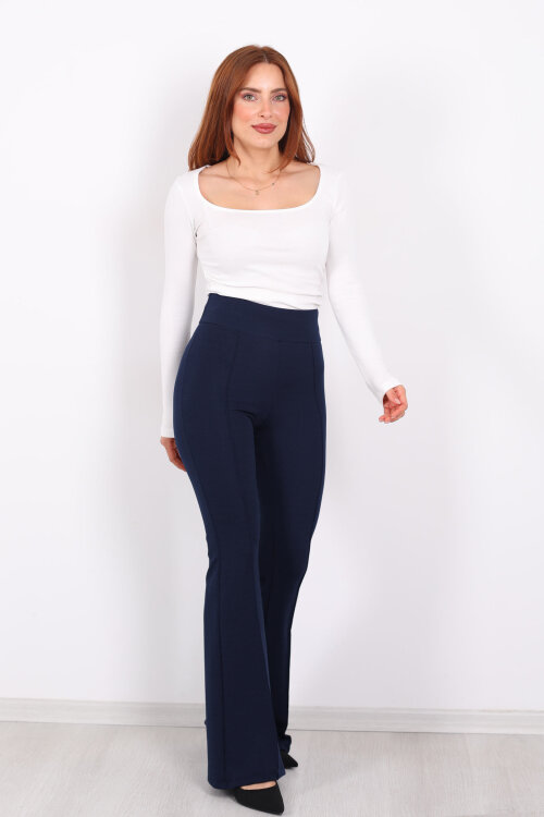 Kemerli Çimalı İspanyol Paça Lacivert Kadın Krep Pantolon - 5
