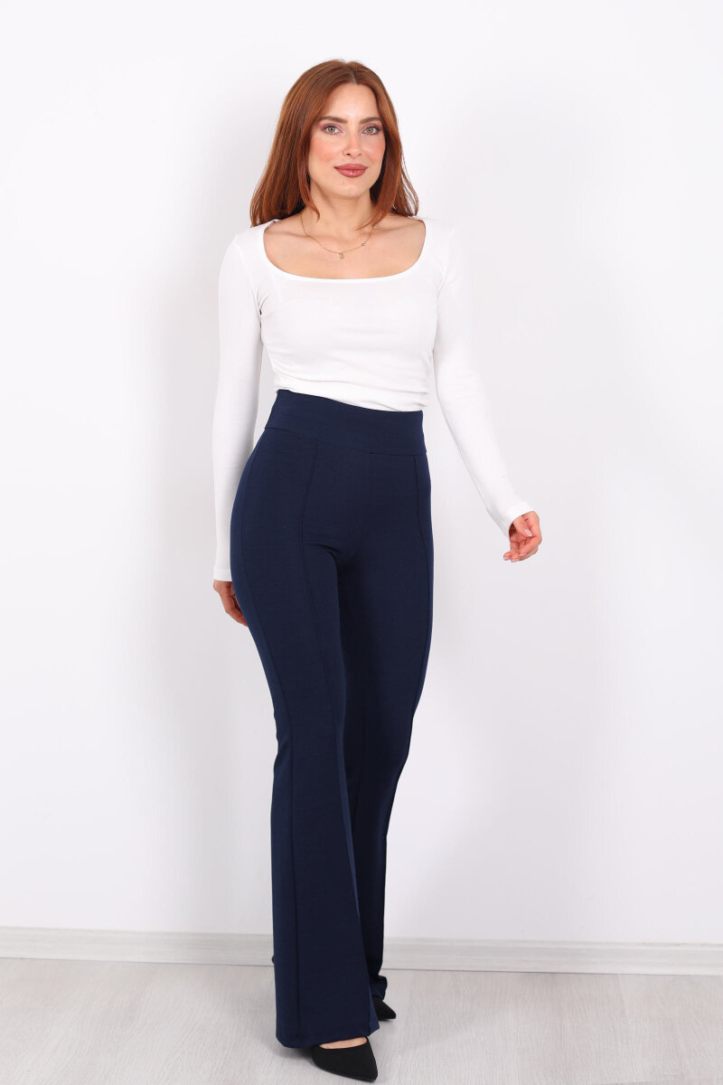 Kemerli Çimalı İspanyol Paça Lacivert Kadın Krep Pantolon - 5