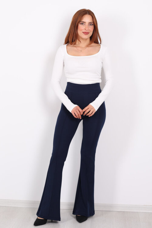 Kemerli Çimalı İspanyol Paça Lacivert Kadın Krep Pantolon - 3