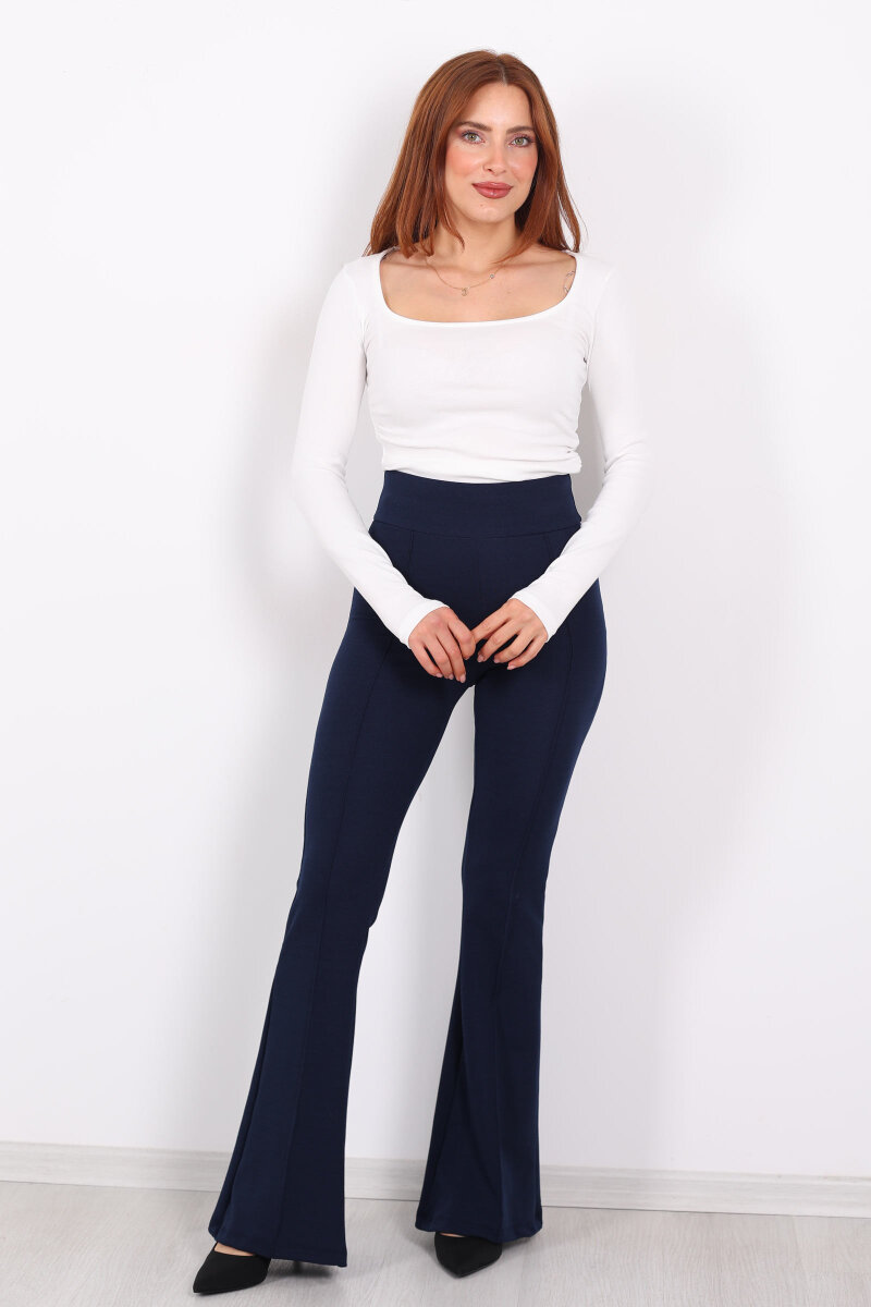 Kemerli Çimalı İspanyol Paça Lacivert Kadın Krep Pantolon - 3