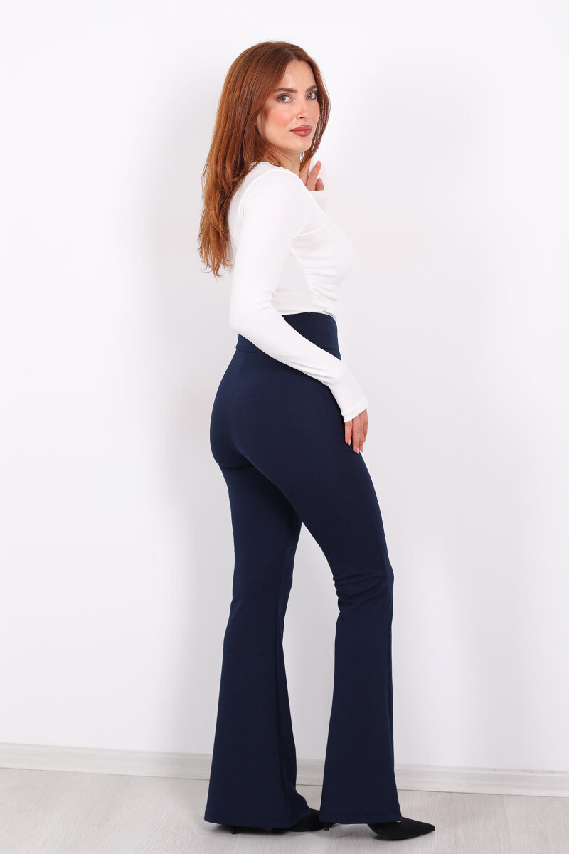 Kemerli Çimalı İspanyol Paça Lacivert Kadın Krep Pantolon - 4