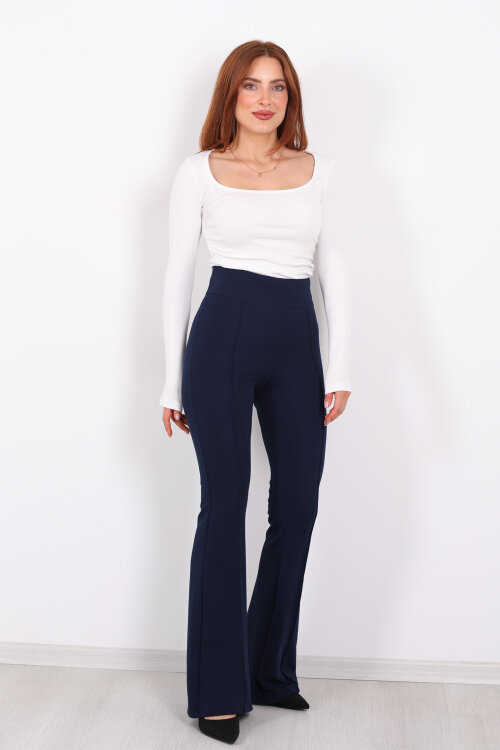 Kemerli Çimalı İspanyol Paça Lacivert Kadın Krep Pantolon - Berox