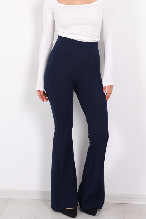 Kemerli Çimalı İspanyol Paça Lacivert Kadın Krep Pantolon - Berox (1)