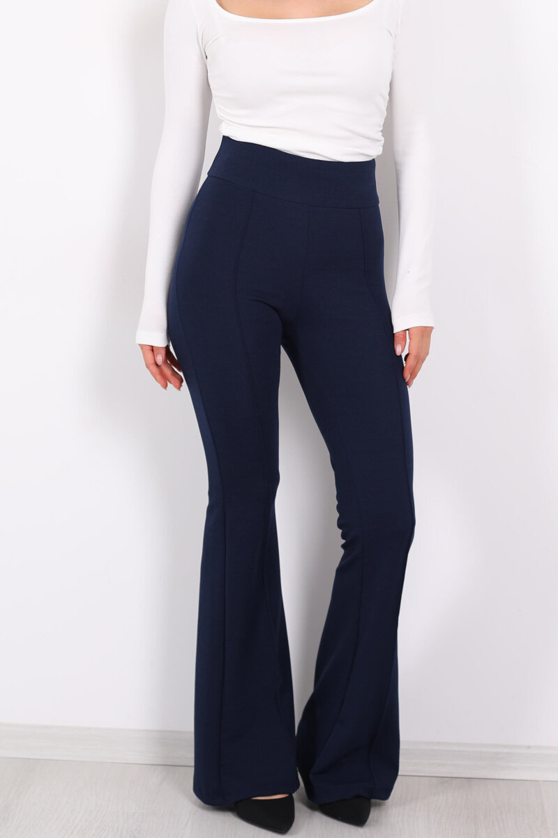 Kemerli Çimalı İspanyol Paça Lacivert Kadın Krep Pantolon - 2
