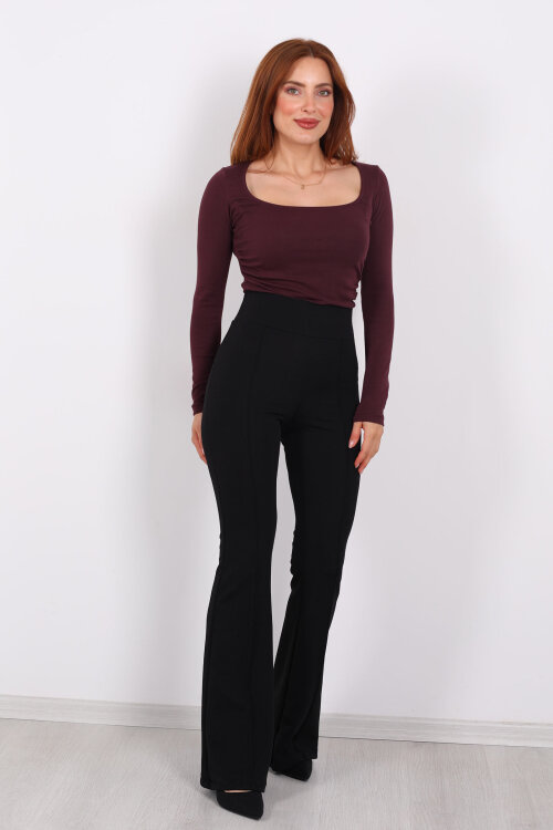 Kemerli Çimalı İspanyol Paça Siyah Kadın Krep Pantolon - 6