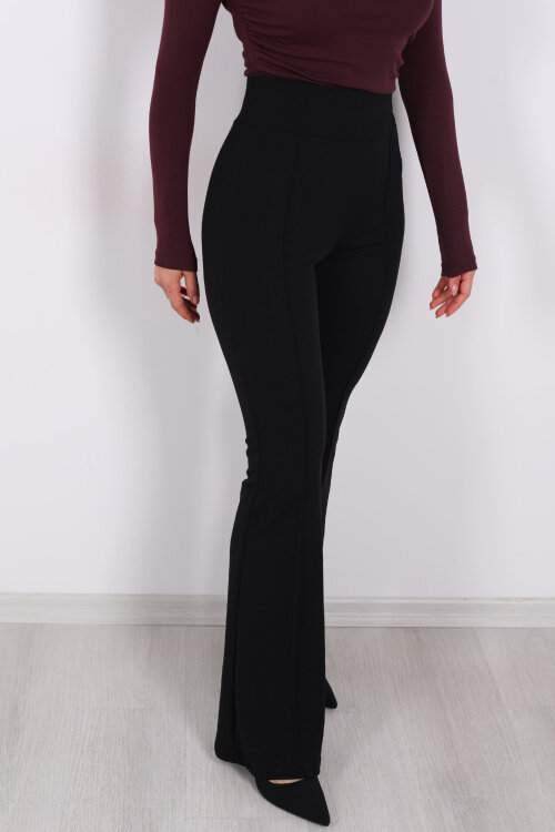 Kemerli Çimalı İspanyol Paça Siyah Kadın Krep Pantolon - Berox (1)
