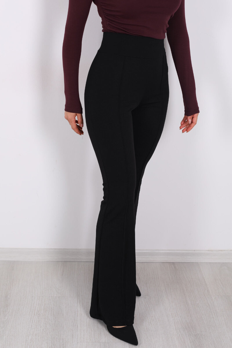 Kemerli Çimalı İspanyol Paça Siyah Kadın Krep Pantolon - 2