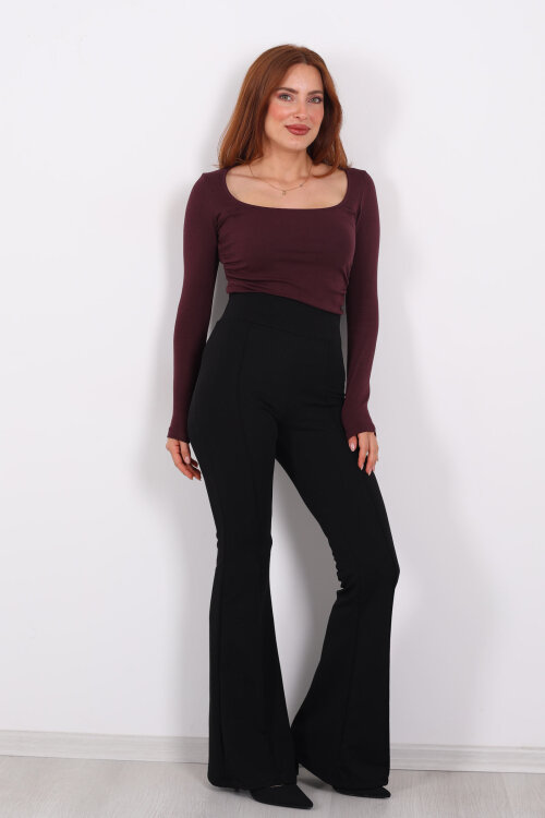 Kemerli Çimalı İspanyol Paça Siyah Kadın Krep Pantolon - 4