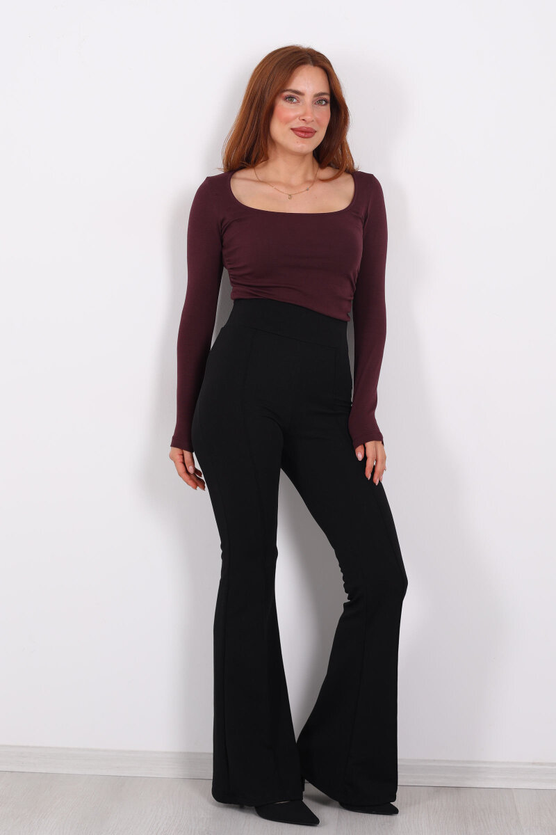 Kemerli Çimalı İspanyol Paça Siyah Kadın Krep Pantolon - 4