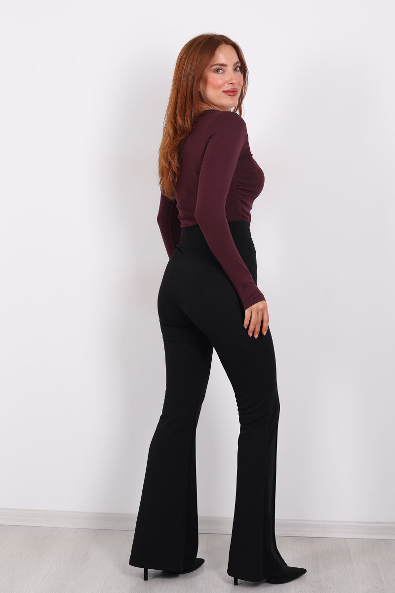 Kemerli Çimalı İspanyol Paça Siyah Kadın Krep Pantolon - 5