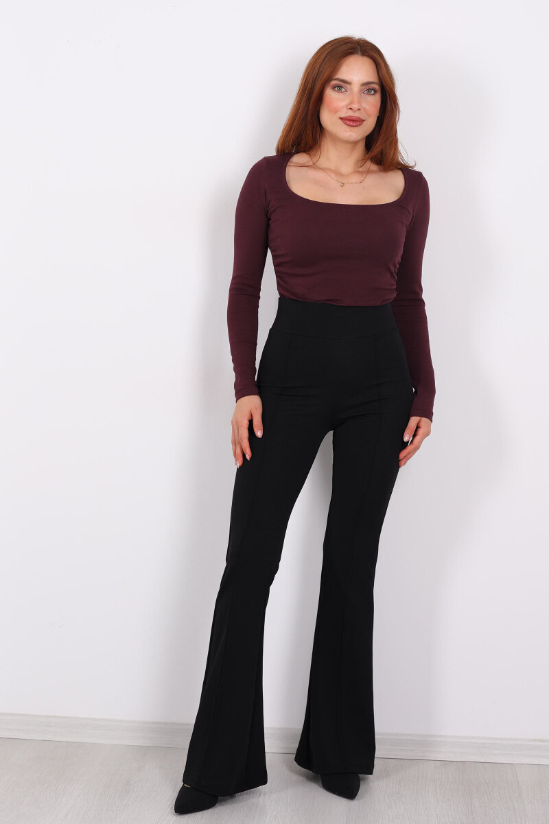 Kemerli Çimalı İspanyol Paça Siyah Kadın Krep Pantolon - 3