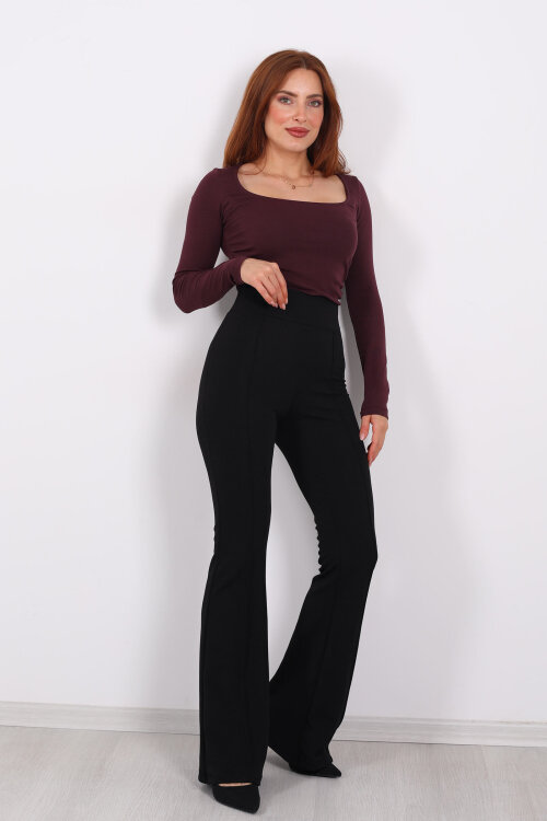 Kemerli Çimalı İspanyol Paça Siyah Kadın Krep Pantolon - Berox