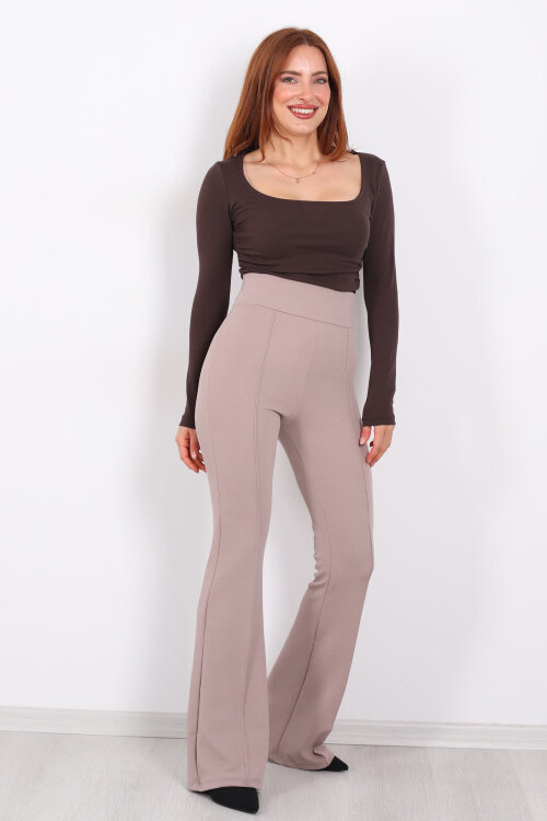 Kemerli Çimalı İspanyol Paça Vizon Kadın Krep Pantolon - 4