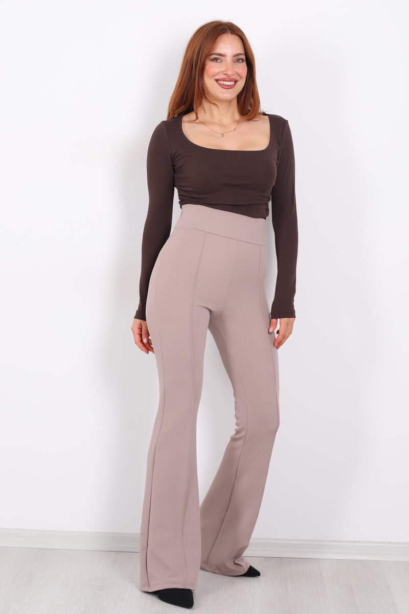 Kemerli Çimalı İspanyol Paça Vizon Kadın Krep Pantolon - 4