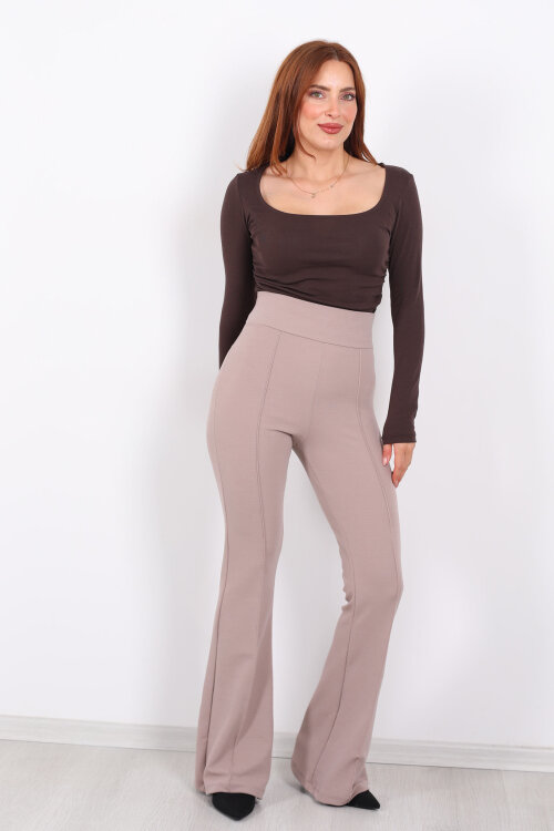 Kemerli Çimalı İspanyol Paça Vizon Kadın Krep Pantolon - 6