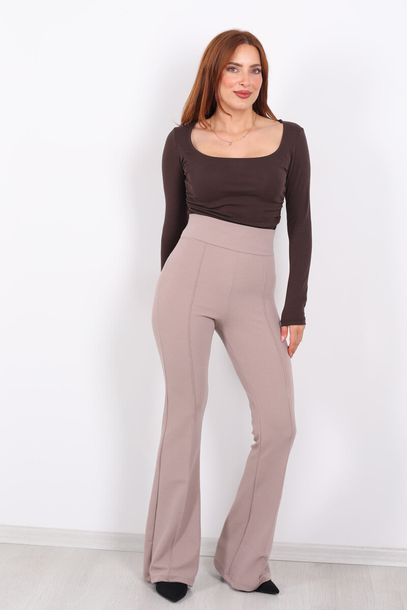 Kemerli Çimalı İspanyol Paça Vizon Kadın Krep Pantolon - 6